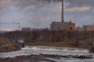 Картина Воркутинская ТЭЦ-1. Россия, художник Русских А. Е., 1961. Картон, масло.