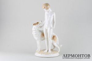 Девушка с борзой, Знакомство. Фарфор, ар-деко. Германия, Хутченройтер, 1955-68
