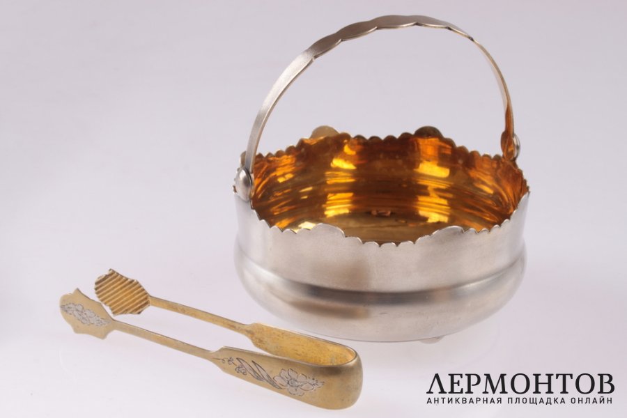 Сахарница с щипцами с узором. Серебро 875 пробы. СССР