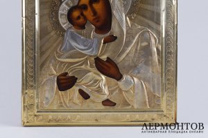 Икона. Владимирская Пресвятая Богородица. Дерево, серебро 84 пробы. Россия, XIX .