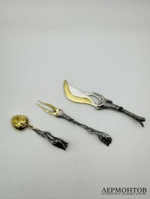 Набор для десерта с кувшинками. Серебро 925 пробы, золочение, Россия, 2000-е годы