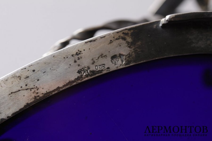 Ваза для конфет в стиле ар нуво. Серебро 800 пробы, кобальтовое стекло. Германия