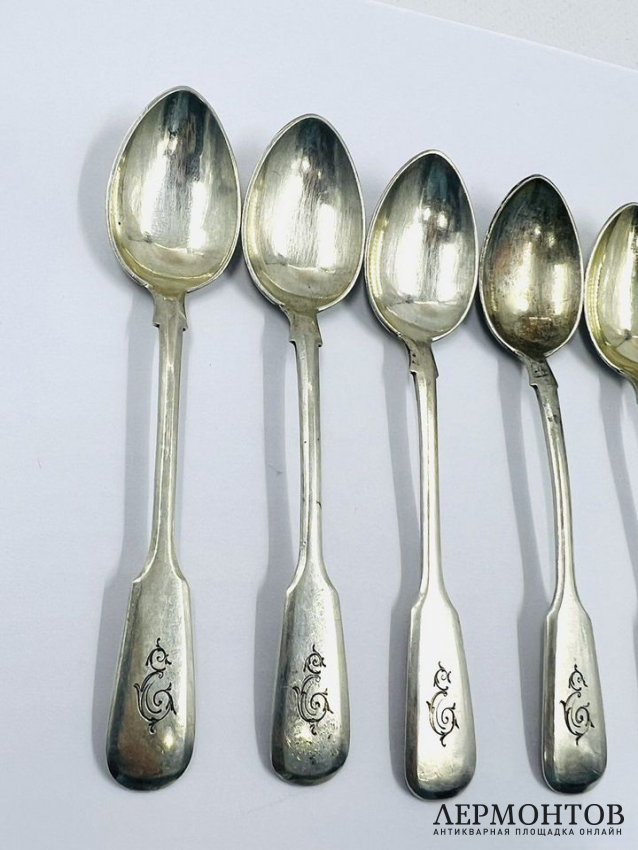 Набор кофейных ложек на 6 персон. Серебро 84 пробы, И. Хлебников, Россия, 1908–1917 годы