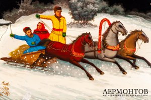 Настенное лаковое панно Зимняя тройка. СССР, Федоскино, художник Д.Орлов, 1976 г. 