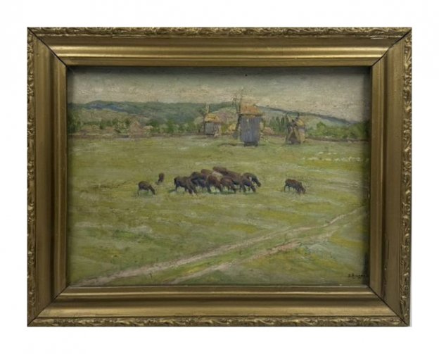 Картина «На пастбище». Оргалит, масло, Б. Е. Владимирский, Россия, начало 20 века