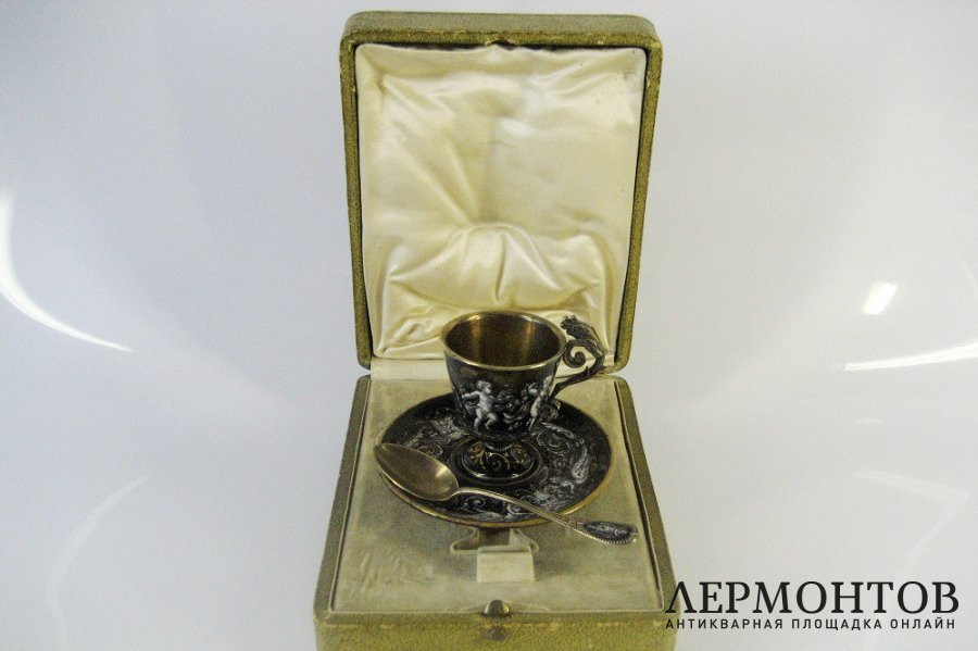 Кофейная пара. Серебро 950 пробы, золочение, эмаль.  Европа,  XIX век.