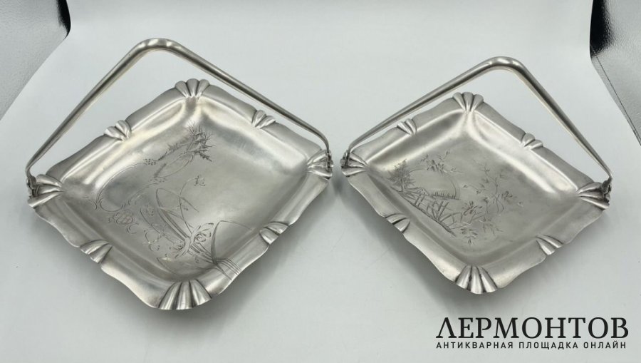 Парные сухарницы с пейзажами. Россия, 1900-е гг. Серебро 84 пробы.