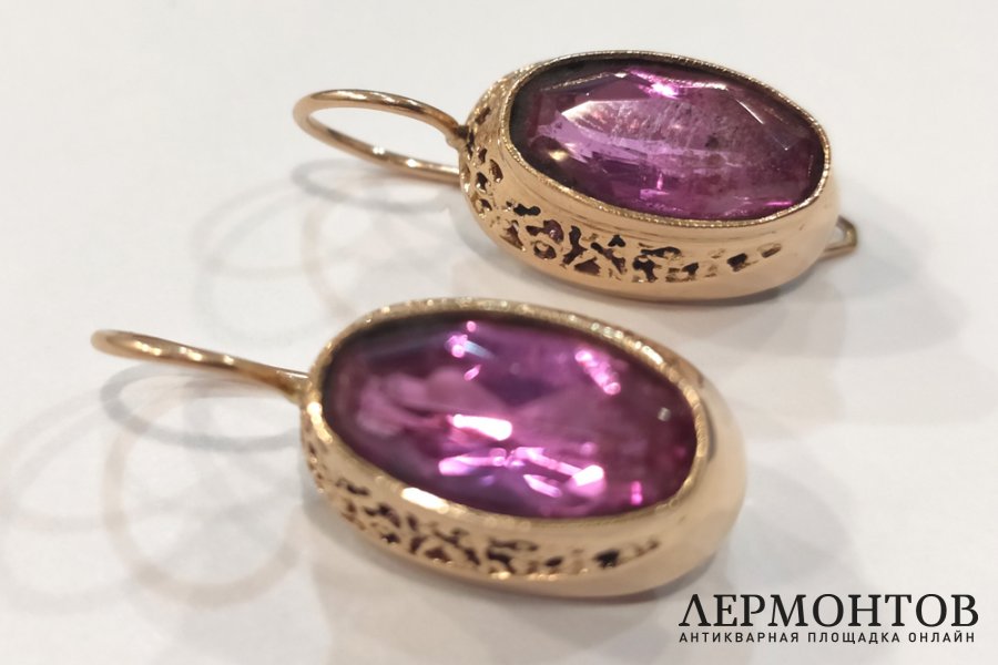 Винтажные серьги с розовыми корундами. Красное золото 583 пробы. СССР, 1960-80-е гг.