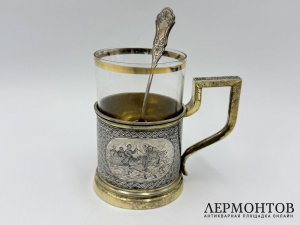Подстаканник с ложкой Русские тройки. Россия, 19 век. Серебро 84 пробы, чернь.