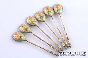 Набор чайных ложек. Эмаль по скани, серебро 84. Российская империя