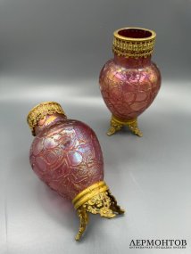 Парные вазы в стиле модерн. Радужное стекло, латунь, Loetz, Богемия, 1900-е годы