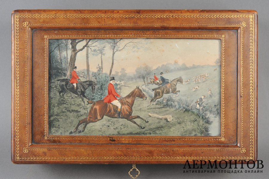 Коробка для сигар с литографией сцены охоты. Дерево, кожа.