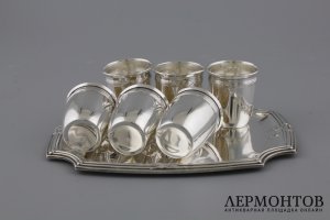 Набор стопок на подносе. Серебро 950 пробы. Франция, конец XIX - начало XX вв.