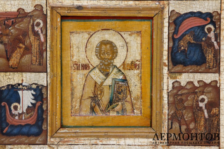 Икона Николай Чудотворец в житийной раме, 12 клейм. Россия, XVII-XVIII вв. предп.