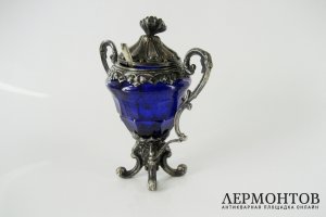 Емкость для горчицы. Серебро 950 пробы, кобальтовое стекло. Франция, XIX век.