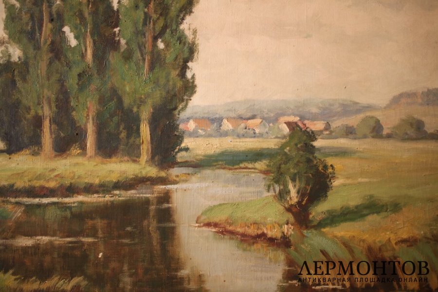 Картина. Берег в Дюссельдорфе. Художник Adolf Rheinert. Холст, масло.