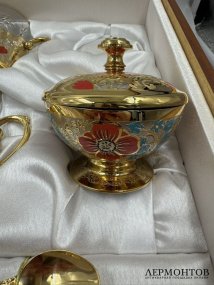 Набор для чаепития: медовница, подстаканники, поднос. Латунь, Златоуст, 2014