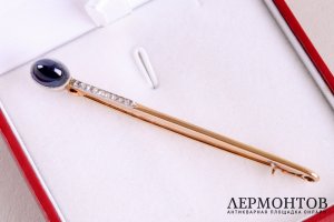Брошь с сапфиром 2 ct и бриллиантами. СССР. Золото 583 пробы.