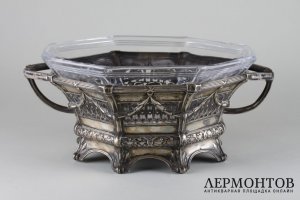 Ваза-фруктовница со стеклянной вставкой. Серебро 800 пробы, стекло. Германия