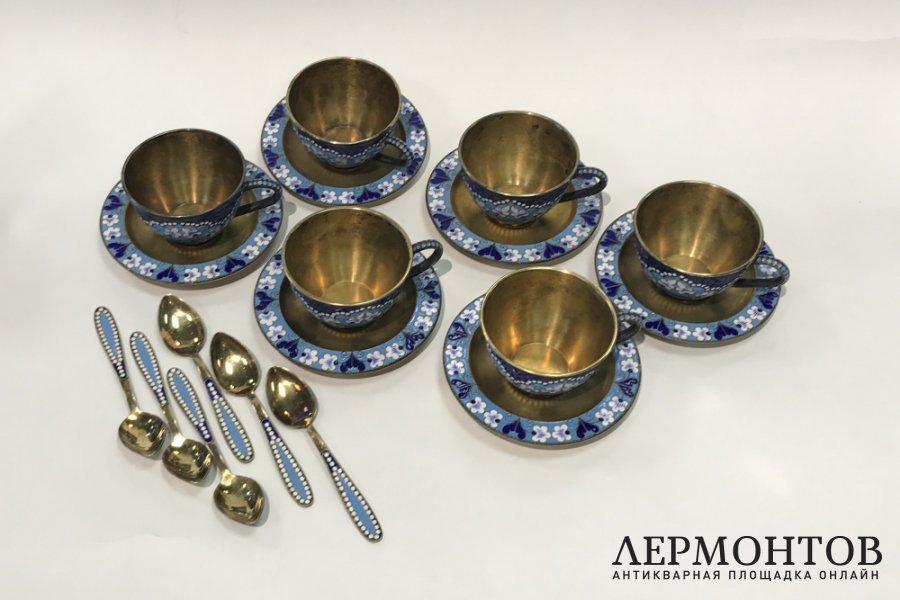 Кофейный сервиз. Серебро 916 пробы, эмаль. СССР.