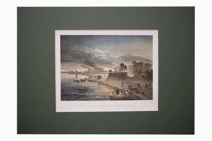 Литография. Пожар губернаторского дворца в Керчи. Крымская война. У. Симпсон, 1856 г.