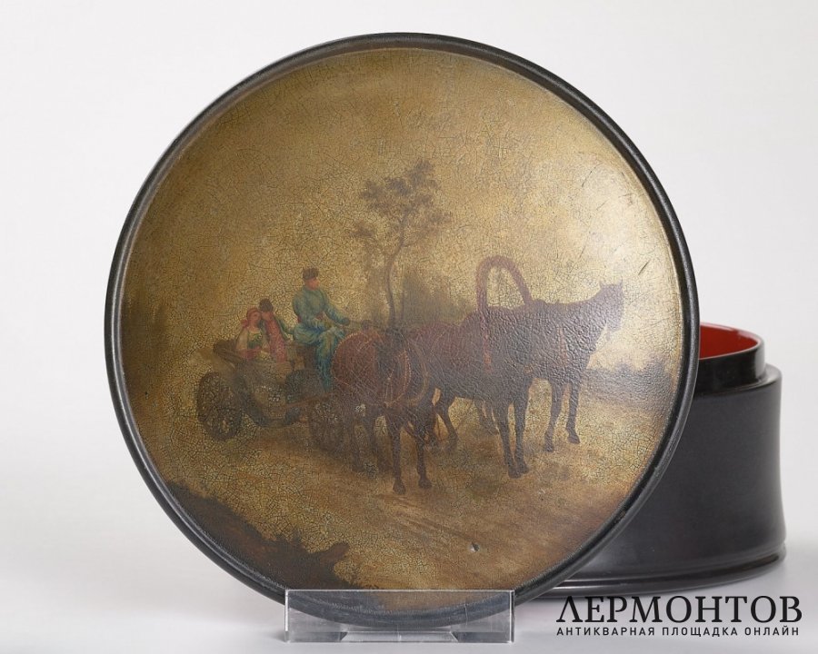 Шкатулка «Дорожная сцена». Папье-маше, фабрика Вишнякова, Россия, 1885–1895 годы