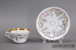 Чайная пара, русский стиль. Фарфор, роспись. Россия, Кузнецов, 1870-80е гг.