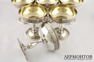 Комплект бокалов-креманок для шампанского. Серебро 950 пробы. Франция. 