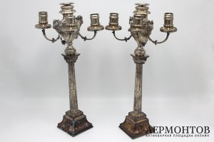 Большие парные канделябры с головами козлов. Серебро. США, 1920-30е гг.