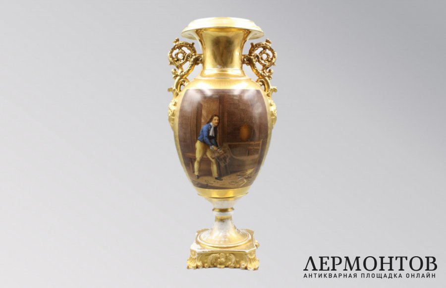 Ваза с изображением Петр I в Зандаме. Россия, бр. Корниловы, 1830-1840-е гг. Фарфор.