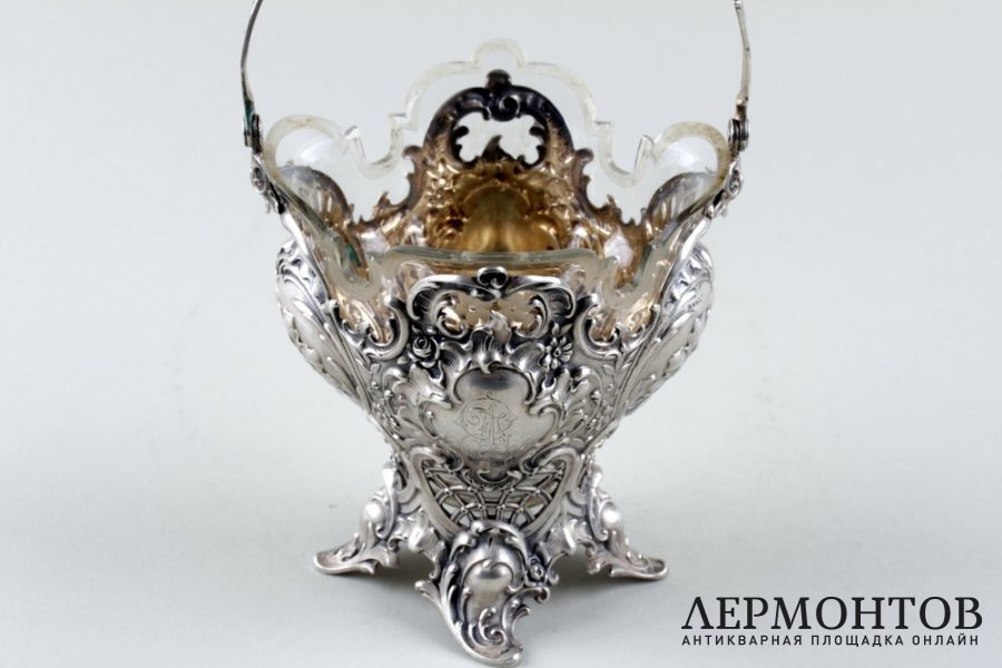 Конфетница Bruckmann und Sohne. Cеребро 800 пробы, стекло. Германия, XIX век.