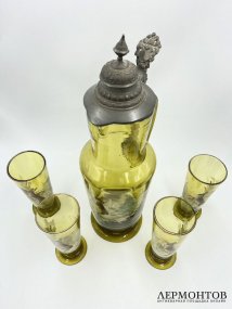 Набор для напитков Зайцы. Зап. Европа, нач. 20 века. Стекло, роспись, металл.
