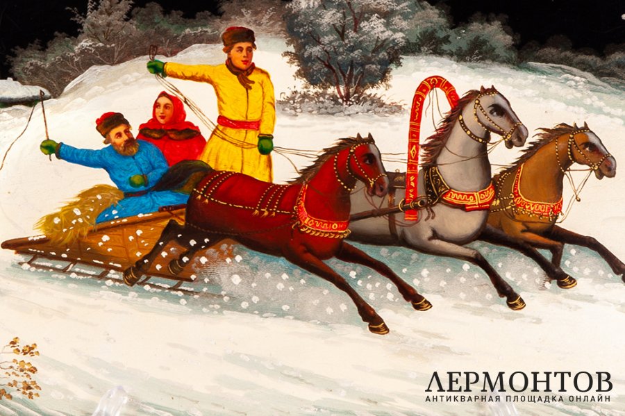 Настенное лаковое панно Зимняя тройка. СССР, Федоскино, художник Д.Орлов, 1976 г. 