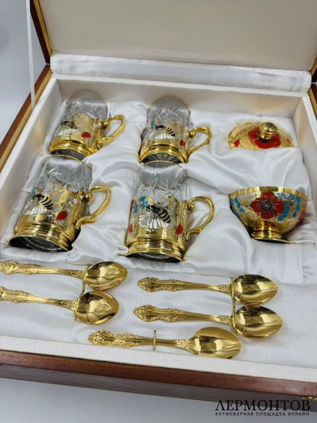 Набор для чаепития: медовница, подстаканники, поднос. Латунь, Златоуст, 2014