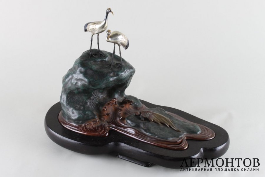 Окимоно Журавли и черепаха. Бронза. Япония, 1960-е гг.