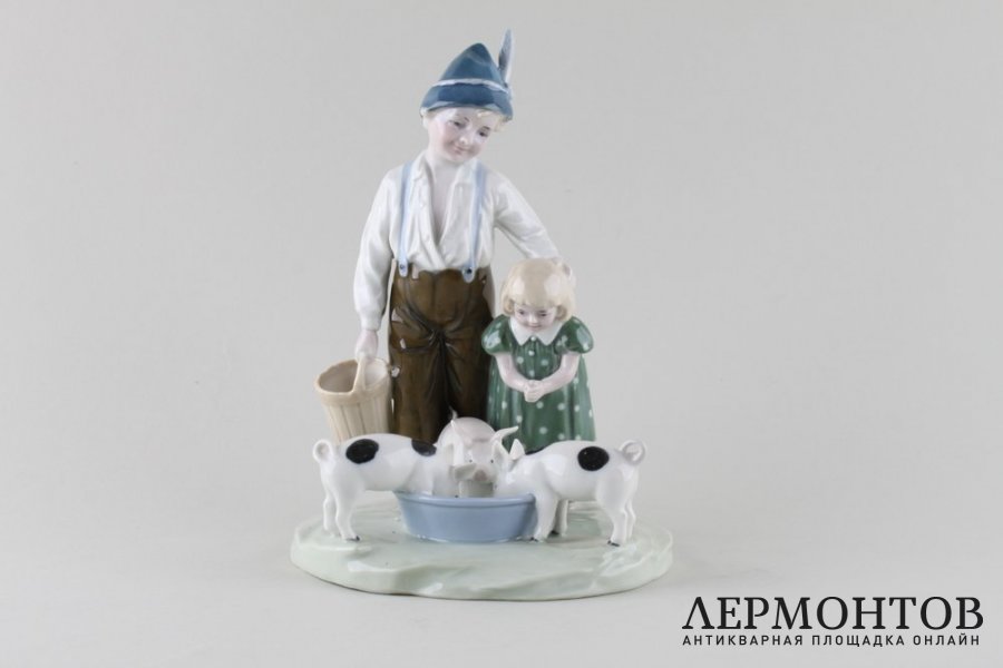 Статуэтка Дети с поросятами. Фарфор.  Galluba und Hofmann, Германия, 1920-е гг.