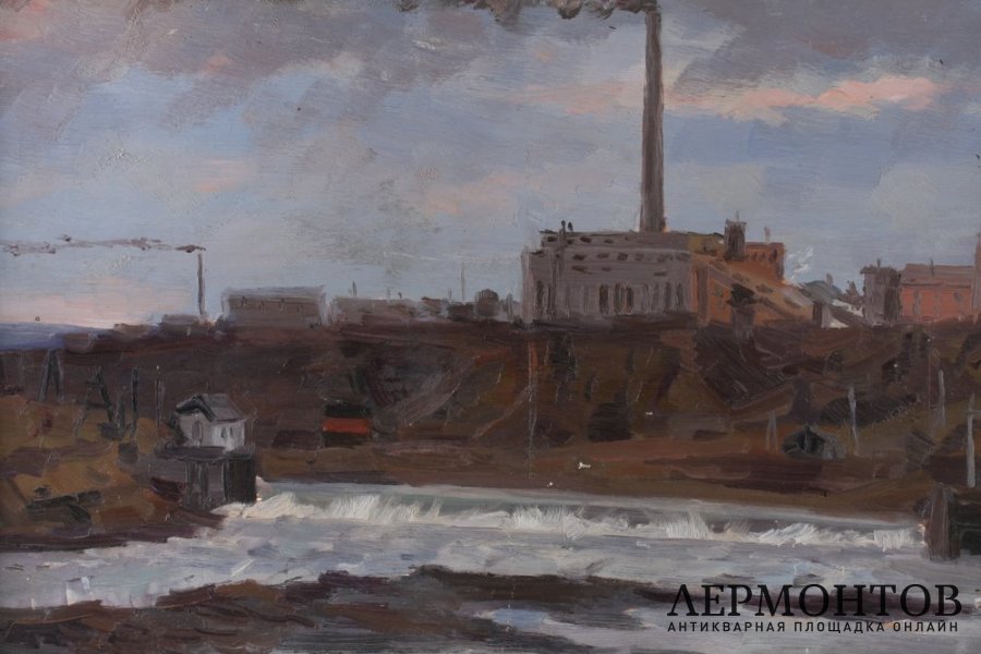 Картина Воркутинская ТЭЦ-1. Россия, художник Русских А. Е., 1961. Картон, масло.