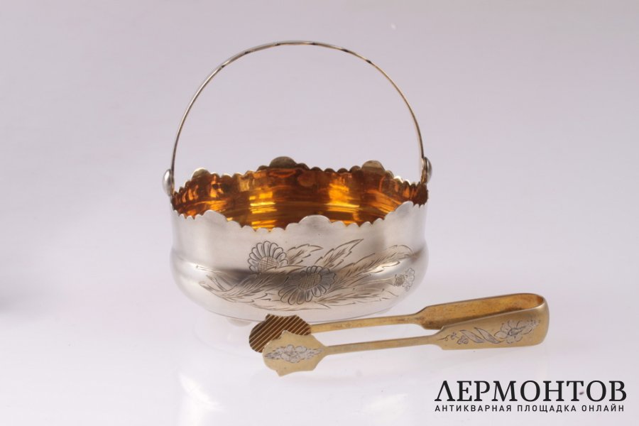Сахарница с щипцами с узором. Серебро 875 пробы. СССР