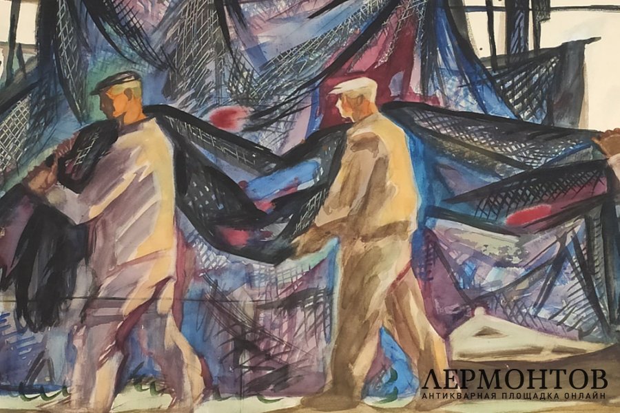 Курзенков Леонид Сергеевич. Рыбаки с сетью. Бумага, смешанная техника. 1960-70е гг.