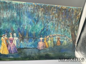 Картина «На прогулке». Картон, пастель, В. Медведев, предположительно Россия, начало 20 века