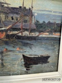 Картина «На причале». Оргалит, масло, предположительно Россия, 20 век