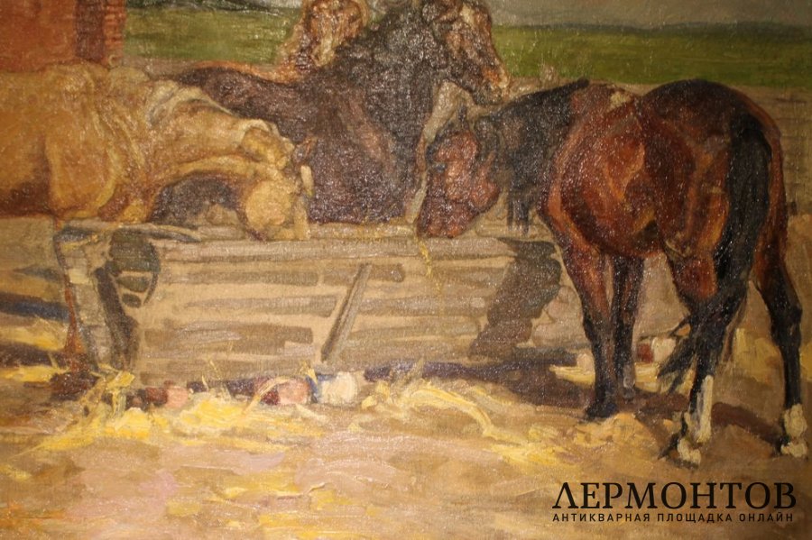 Картина. У конюшни. Неизвестный художник, 1900-е.