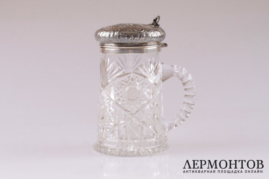 Кружка с откидной крышкой. Серебро 800, хрусталь. Европа