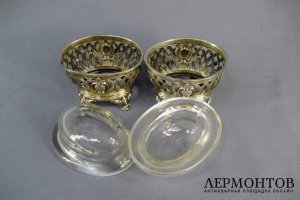 Солонка. Серебро 950 пробы, стекло. Франция. XIX век.