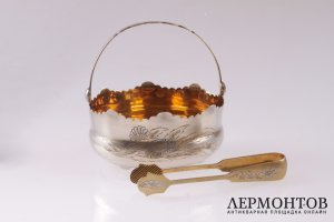Сахарница с щипцами с узором. Серебро 875 пробы. СССР