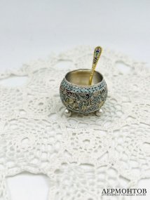 Солонка с ложечкой. Серебро 84 пробы, эмаль по скани, Россия, начало 20 века