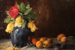 Натюрморт с розами и фруктами. Худ. Heinz Rauh. 1913 г. Холст, масло.