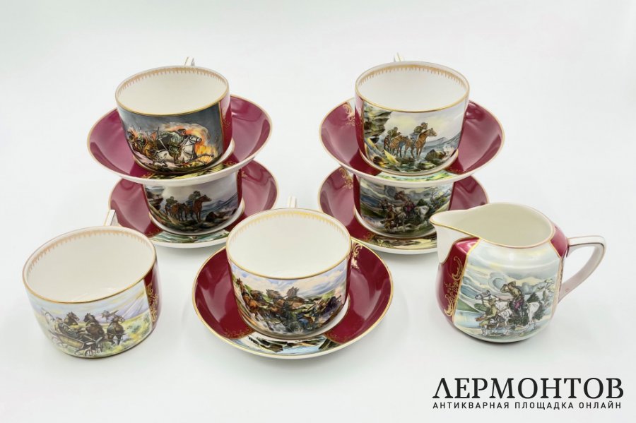 Агитационный чайный сервиз Оборонный. СССР, ДФЗ Вербилки, 1930-е гг. Фарфор.