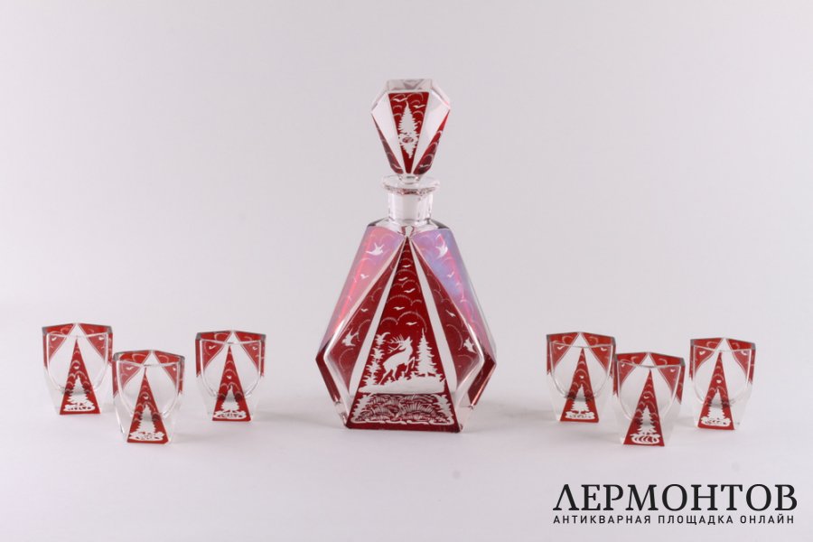 Ликерный набор, охотничья тематика. Стекло, гравировка. Богемия, Egermann, 1930e