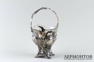 Конфетница Bruckmann und Sohne. Cеребро 800 пробы, стекло. Германия, XIX век.